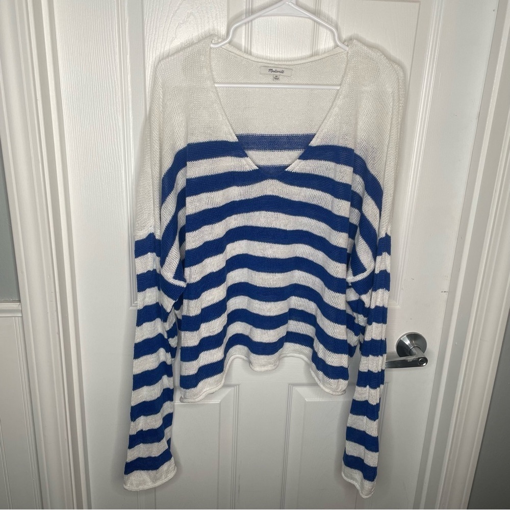 Madewell Linen V-Neck Sweater Beach Vacation Preppy in Sapphire Blue Stripe 2X - Picture 3 of 14